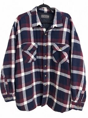 David Taylor Cotton Flannel Shirt Jacket Plaid Quilted Lined Burgundy Navy 2XL